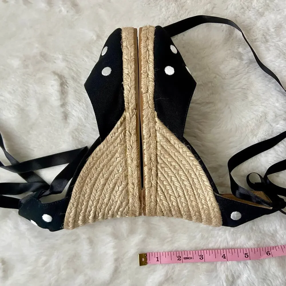 Kate Spade Isabella Polka Dot Wedge Espadrilles Black Canvas 8B
